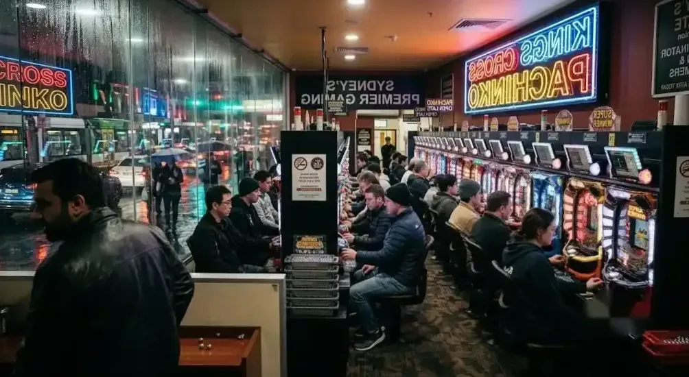 Tournament stage with pachinko machines and live scoreboard